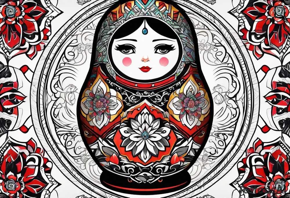 Russian doll with geometric design, surrounded by tapestry tattoo idea