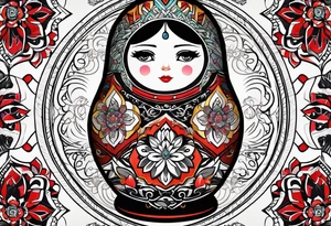 Russian doll with geometric design, surrounded by tapestry tattoo idea