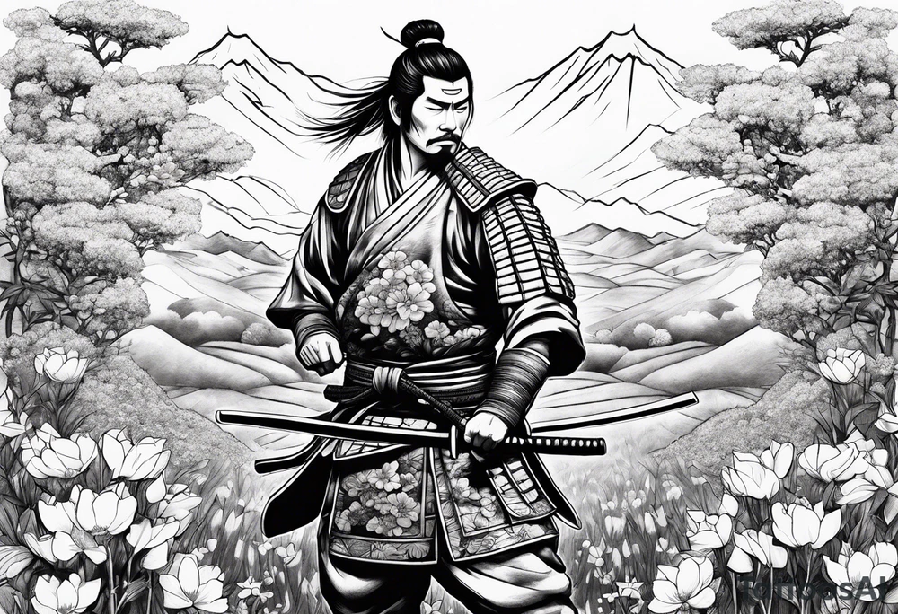 Samurai in flower field tattoo idea