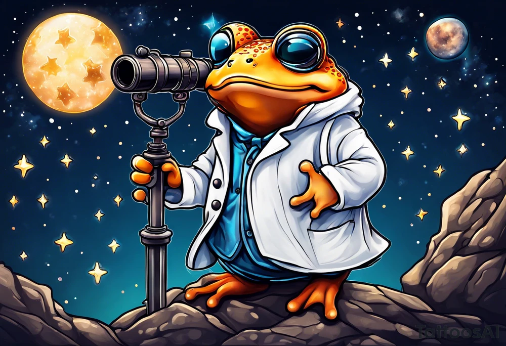 Small toad in a lab coat looking up at the stars through a telescope tattoo idea