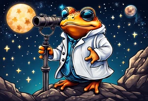Small toad in a lab coat looking up at the stars through a telescope tattoo idea