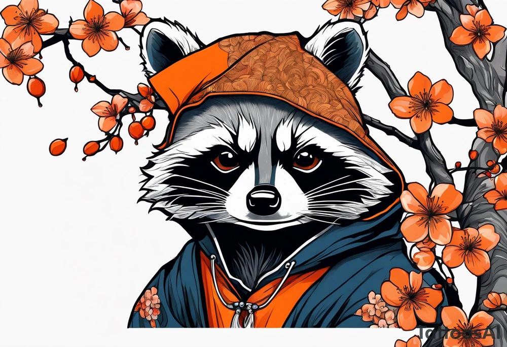 raccoon wearing a black and white Superman hoodie and orange Japanese cherry blossoms tattoo idea