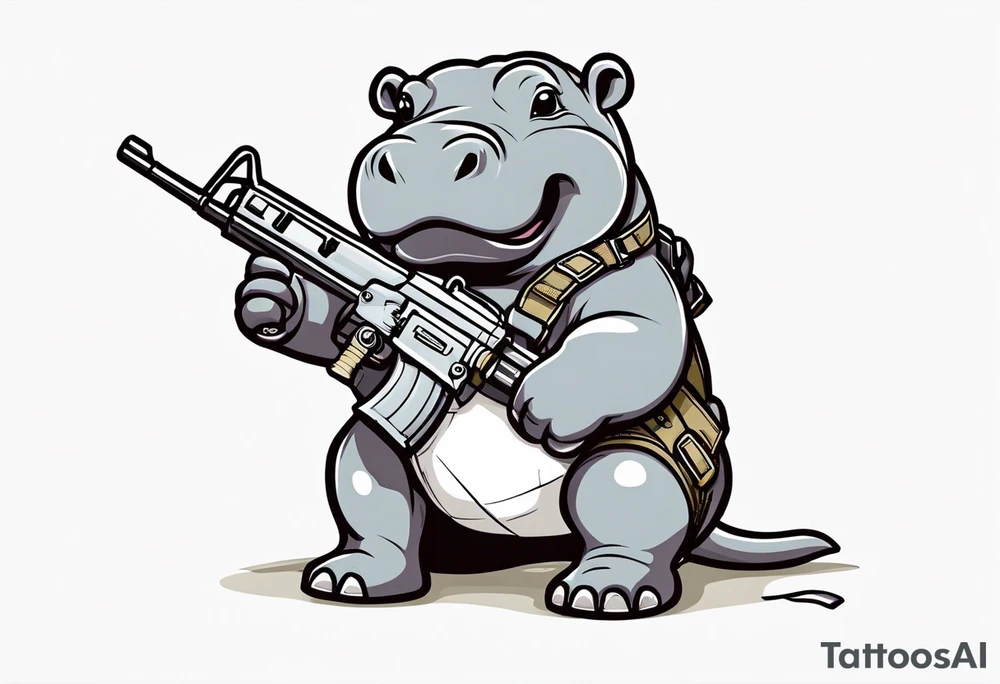 Baby hippo wearing a diaper with bandolier over chest and holding a machine gun tattoo idea
