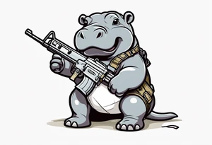 Baby hippo wearing a diaper with bandolier over chest and holding a machine gun tattoo idea