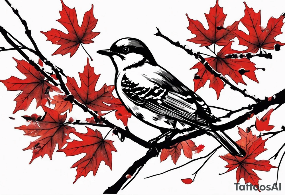 trash polka style. Arm tattoo. chest tattoo. Long tattoo. large tattoo. Full sleeve. Shoulder. A single large maple tree with red autumn leaves that branches upwards from wrist to shoulder. White-throated dipper bird on the trees branches. Calluna flowers at the base of the trees stem. Leaves falling. tattoo idea