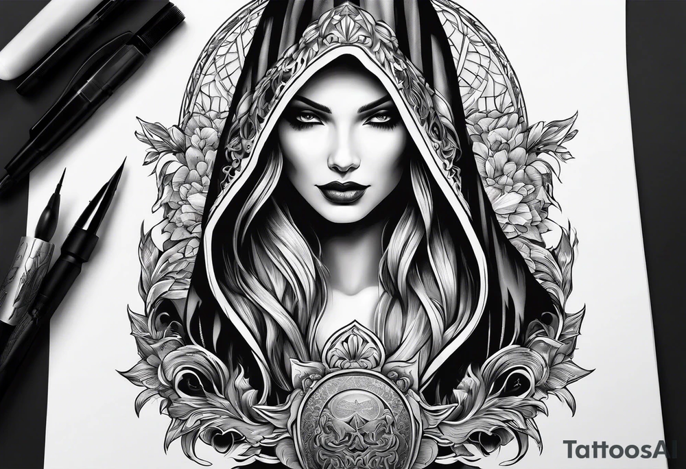 Shadow cloak protecting beautiful dagger tattoo idea