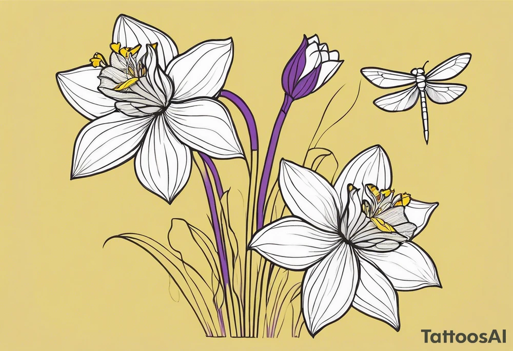 A minimalist tattoo design: Two daffodil flowers drawn with yellow lines, both blossoming from a single stem. On top of the flowers, there is a minimalist dragonfly, smaller in size than the flowers, drawn with purple lines. The stem of the daffodils extends downward and is designed to form the word ‘muadil’ in cursive handwriting, so that the stem and the writing appear as a unified whole. tattoo idea