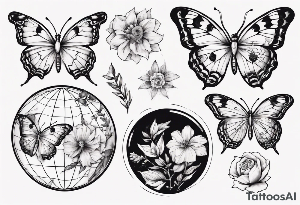 Butterflies and flowers in a globe tattoo idea