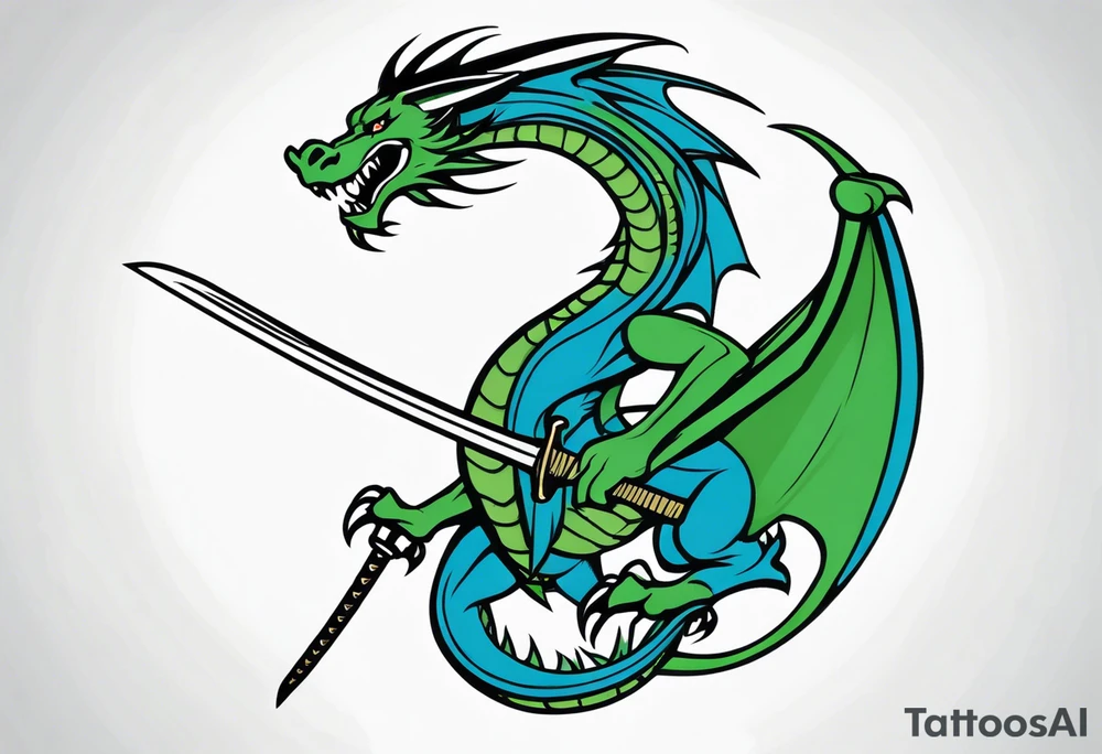 Blue and green dragon with a katana sword tattoo idea