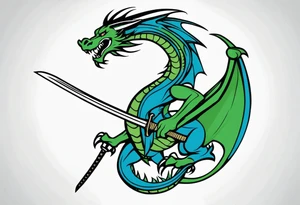 Blue and green dragon with a katana sword tattoo idea