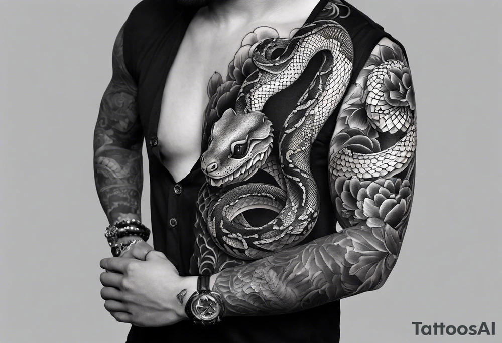 sleeve tattoo of a snake with Japanese designs tattoo idea