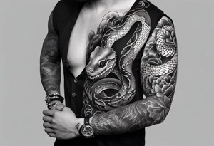 sleeve tattoo of a snake with Japanese designs tattoo idea