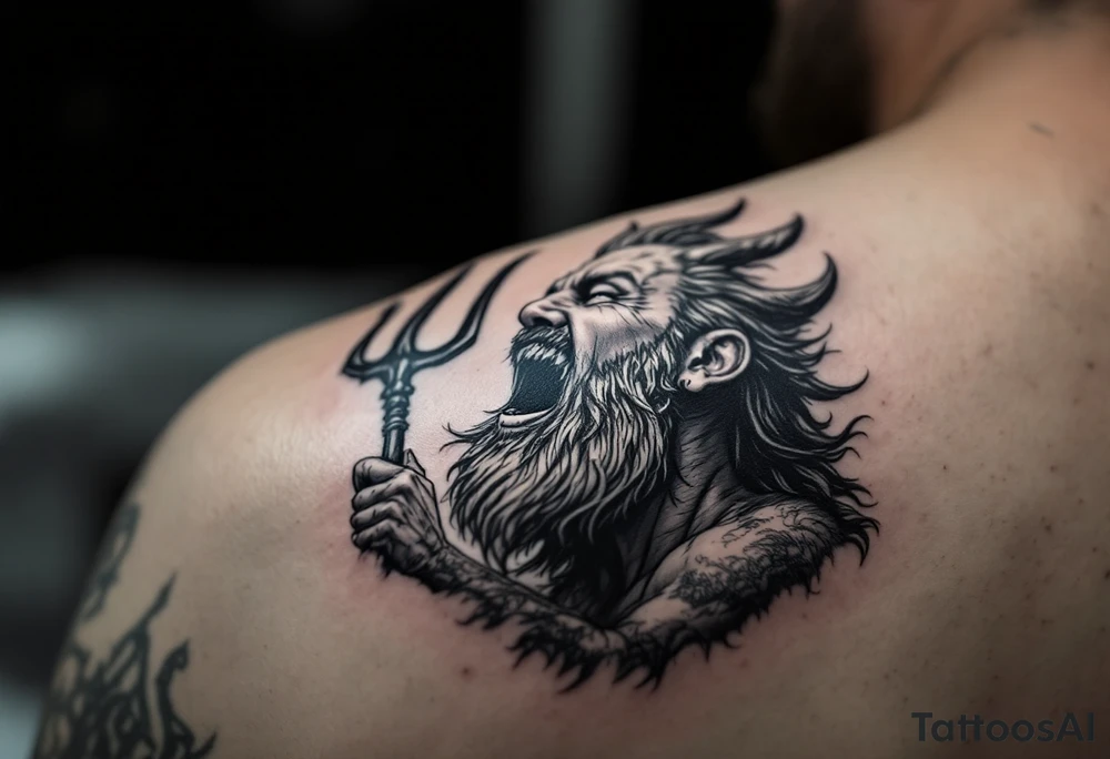 laughing poseidon, behind a trident, looking at the sky tattoo idea