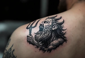 laughing poseidon, behind a trident, looking at the sky tattoo idea