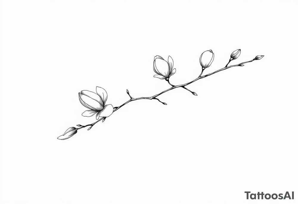 Magnolia branch long with different half opened flowers, botanical details tattoo idea