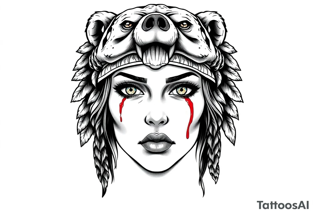 Symmetrical Beautiful Woman, looking forward, with colored eyes, shedding a tear, with battle scars and blood on face, with soft look, wearing a mean looking bear headdress on head tattoo idea