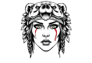 Symmetrical Beautiful Woman, looking forward, with colored eyes, shedding a tear, with battle scars and blood on face, with soft look, wearing a mean looking bear headdress on head tattoo idea