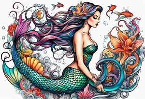 Mermaid with octopus tentacles instead of fish tail pinup style full color tattoo idea
