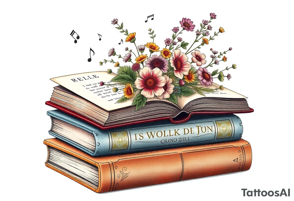 stack of 3 vintage books with various names on the spines top book open with bouquet of different kinds of wild 
flowers coming out of it
Music notes dancing around in the background tattoo idea