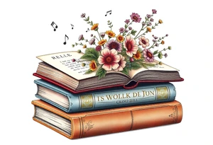 stack of 3 vintage books with various names on the spines top book open with bouquet of different kinds of wild 
flowers coming out of it
Music notes dancing around in the background tattoo idea
