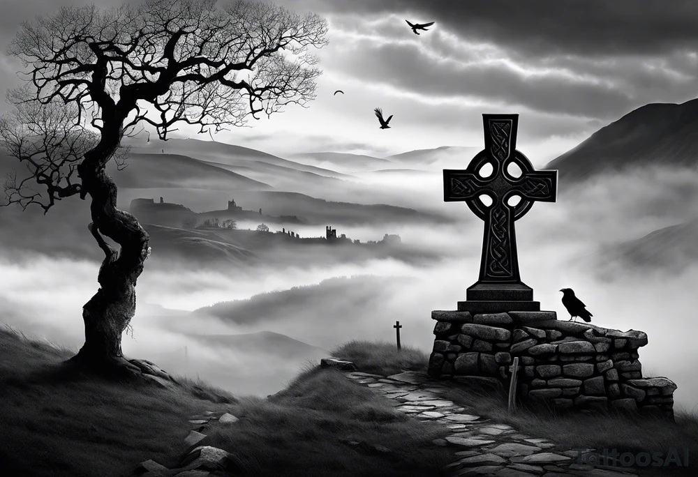 A stone Celtic cross solemnly standing atop a hill, a raven perches atop the cross staring out over the desolation. A ruined stone wall lies crumbling near the cross. Mist rolls along the hilltops adding to the melancholic nature of the scene tattoo idea