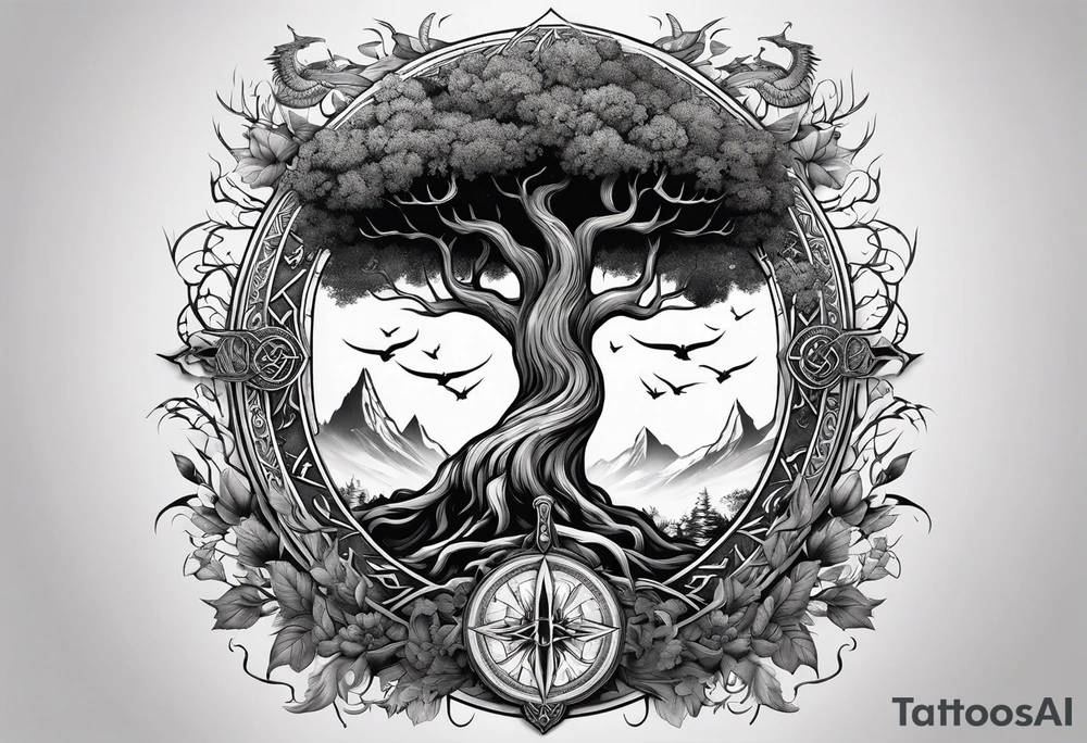 Yggdrasil and a long sword underneath surrounded by Nordic runes tattoo idea