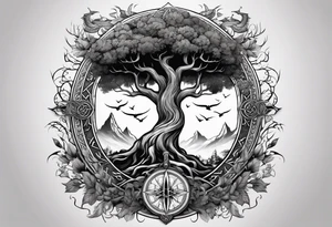Yggdrasil and a long sword underneath surrounded by Nordic runes tattoo idea
