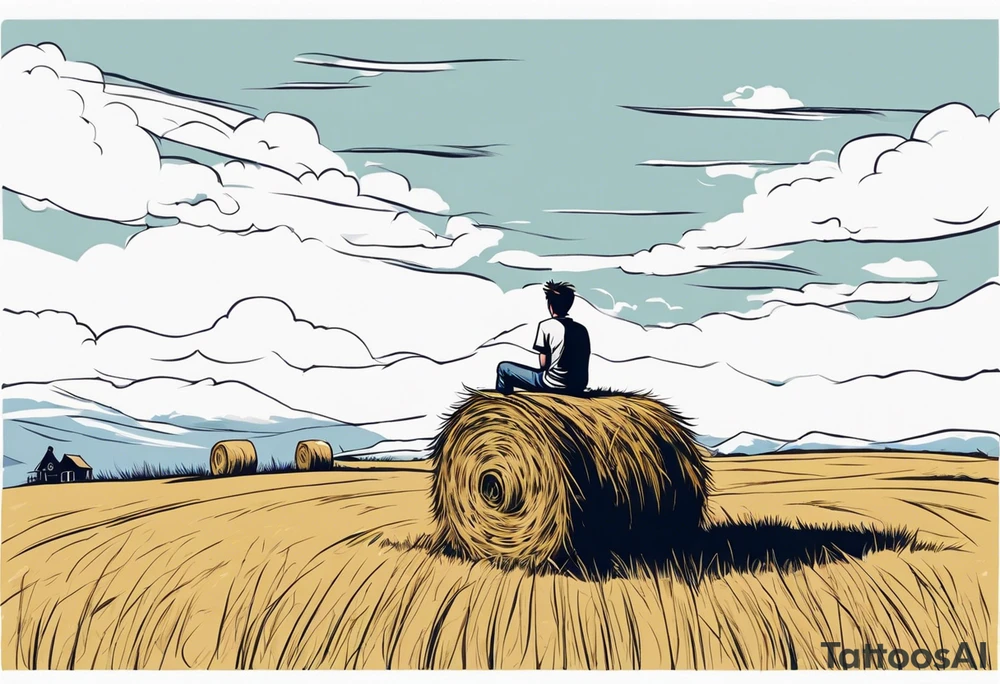 A boy sitting on top of a twisted bale of hay in a field where you can see the same bales of hay in the distance, and a tattoo idea