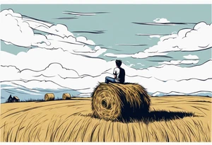 A boy sitting on top of a twisted bale of hay in a field where you can see the same bales of hay in the distance, and a tattoo idea