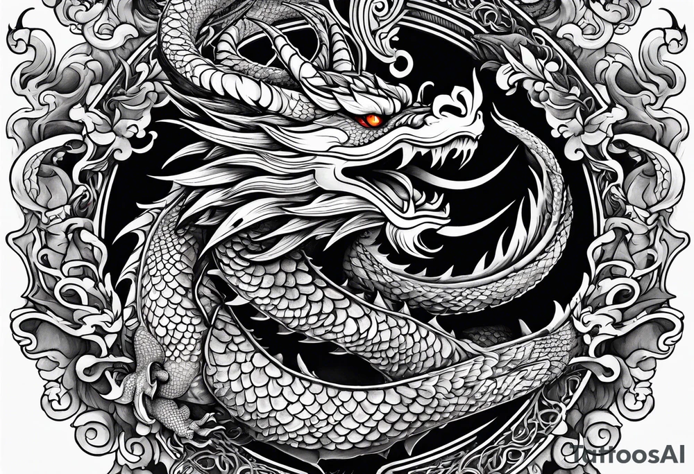 An ornate dragon breathing fire, with intricate scales and a fierce expression, symbolizing power and protection.” tattoo idea