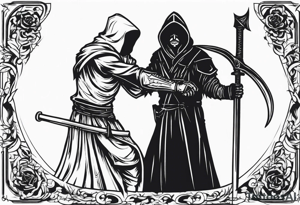 The executioner and death with a scythe shake hands tattoo idea