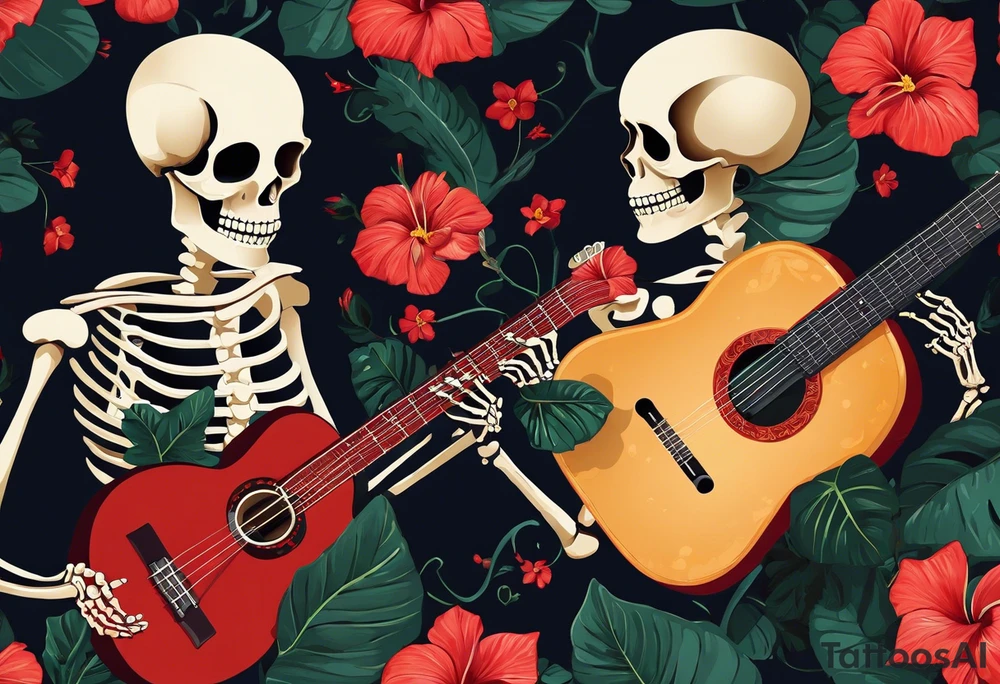 a female skeleton holding a hibiscus flower and a male skeleton playing a guitar. The scene should capture a moment of connection between the two, with the female skeleton attentively listening to the music played by the male skeleton. Emphasize the details of the hibiscus flower,  and the fluidity of the music being played on the guitar. tattoo idea