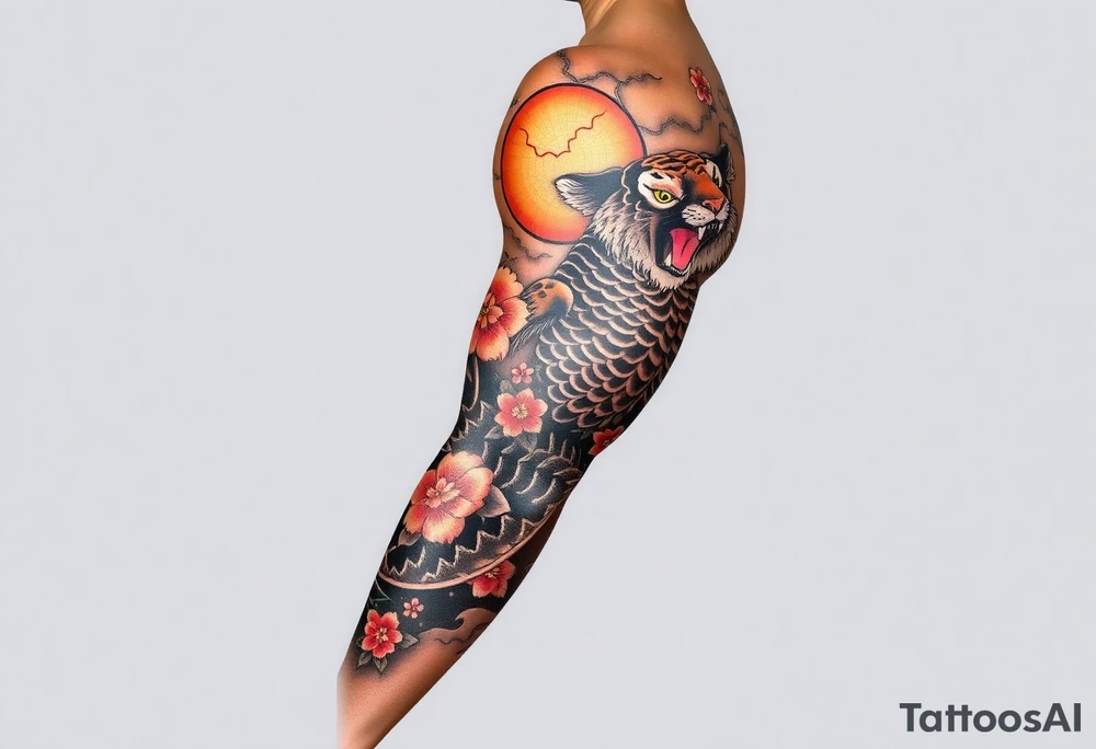 Full arm sleeve, koi fish, tiger, the sun, cherry blossom filler, beautiful tattoo idea