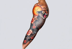 Full arm sleeve, koi fish, tiger, the sun, cherry blossom filler, beautiful tattoo idea