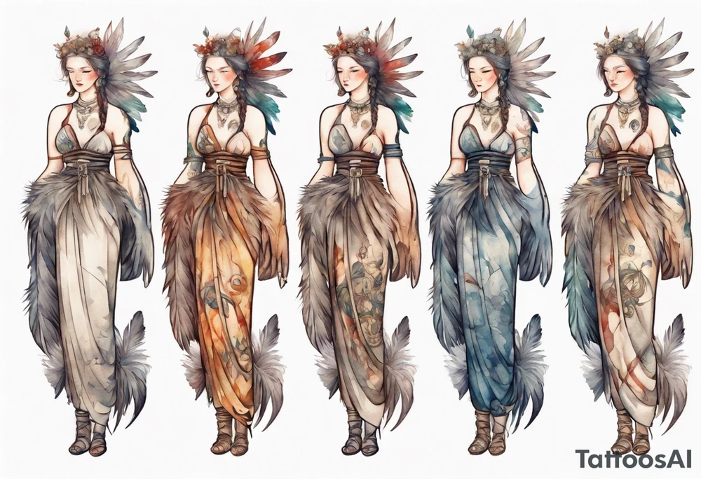 a full body medieval woman with a feather dress tattoo idea