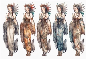 a full body medieval woman with a feather dress tattoo idea