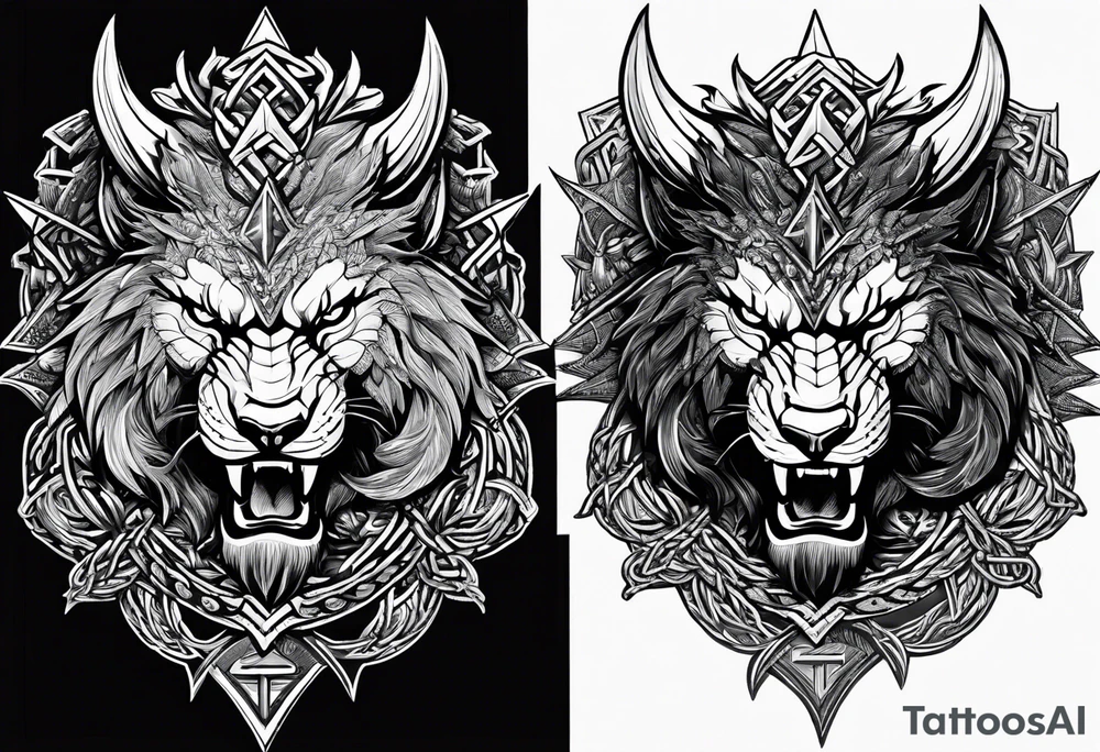 Valhalla sword shield dragon axe Valknut barbed wire chains lion tattoo idea Valhalla sword shield dragon axe Valknut barbed wire chains lion tattoo idea