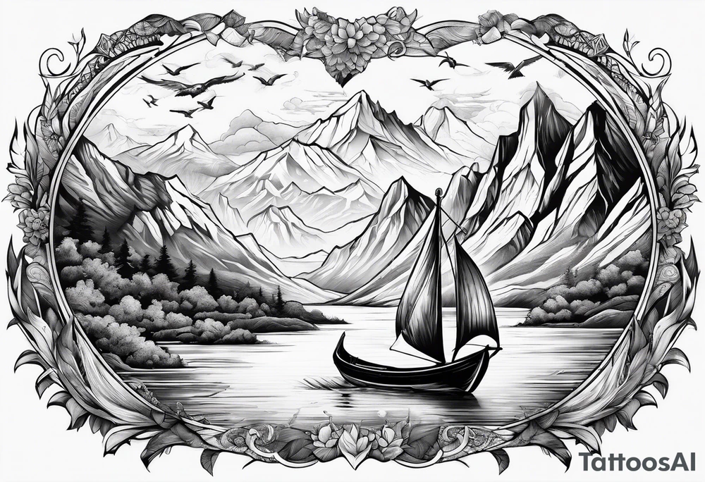 Mountains with Thor and his boat pulled by goats flying over them tattoo idea