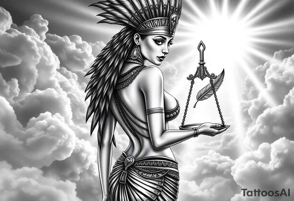 A sensual, curvaceous Egyptian goddess stands with her back slightly turned, accentuating her figure. She wears an elaborate ostrich feather headdress and ornate, intricate ancient Egyptian jewelry draped across her body. Her expression is mysterious and confident. In one hand, she holds the Scales of Justice: one side holds a radiant, glowing heart; the other, Ma’at’s feather. The scales themselves shimmer with an otherworldly light.
The background is a surreal, heavenly landscape filled with luminous clouds and beams of divine light piercing through, creating dramatic contrasts of deep shadows and highlights. The entire scene is bathed in an ethereal, mystical glow, with a dreamlike, almost supernatural atmosphere. tattoo idea