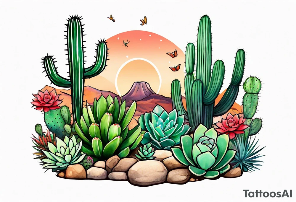 Modern Mexican style desert garden with cactus and small succulents add tiny moth flying tattoo idea