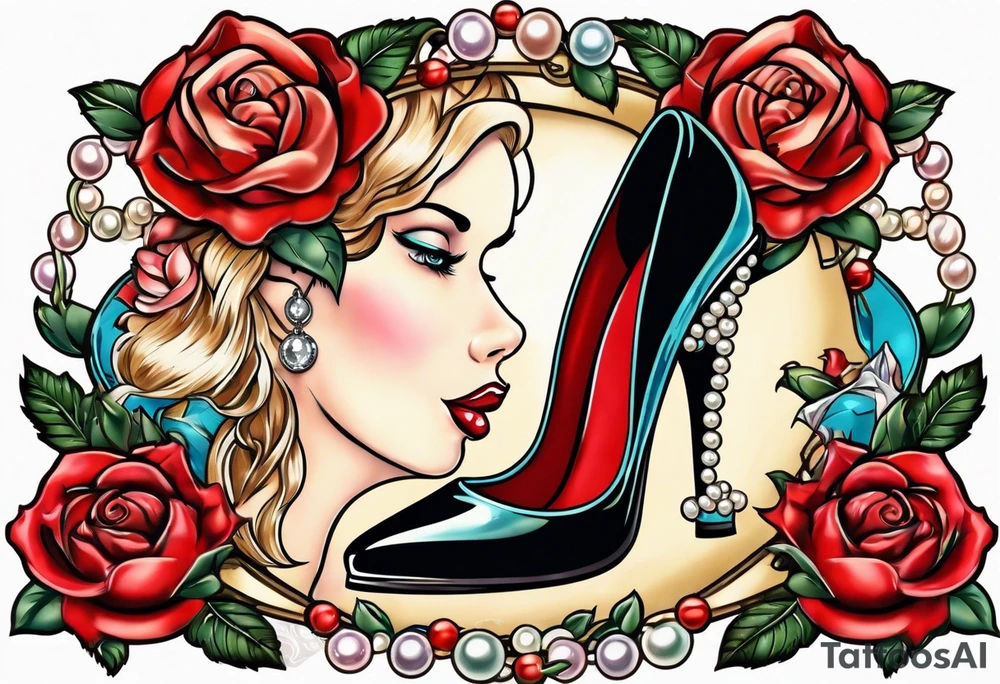 Pearl necklace wrapped around 1950s pinup pumps with roses surrounding tattoo idea