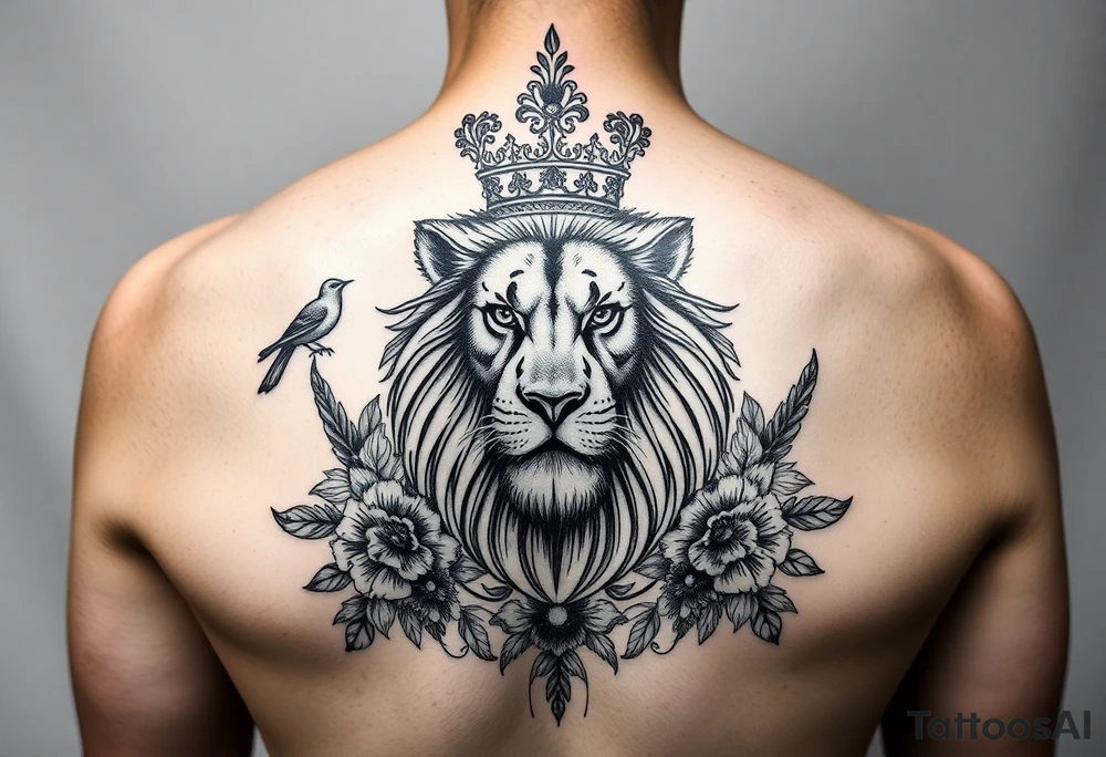 powerful majestic lion with a crown, surrounded by floral ornaments and birds tattoo idea