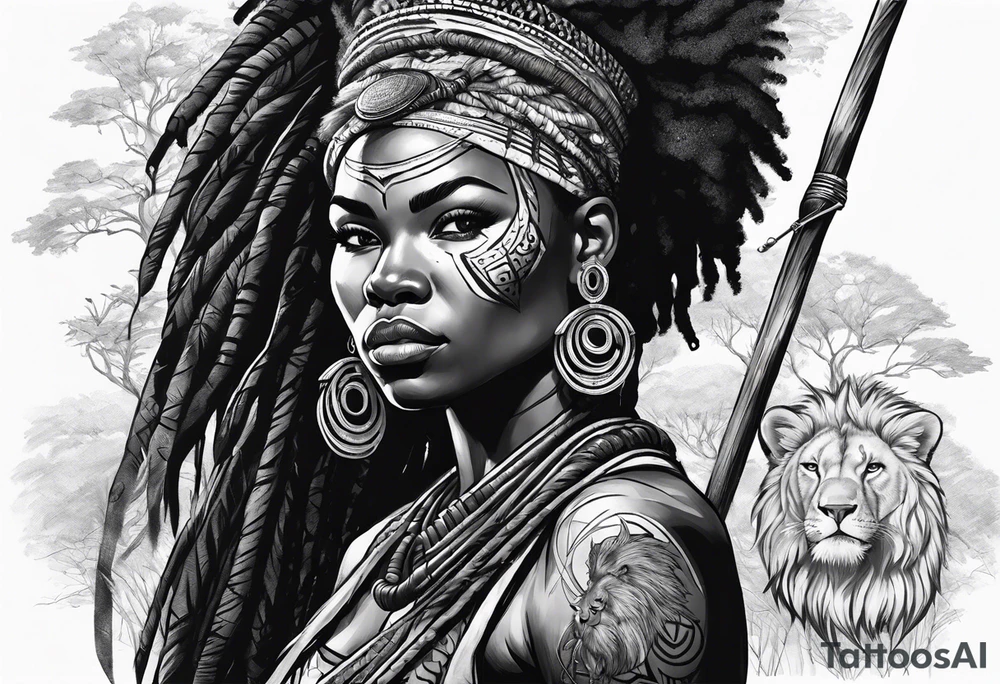 African woman warrior holding spear with deadlocks and earrings. Tribe marks on her face and tree Branch brids and lion in the background tattoo idea