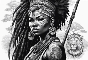 African woman warrior holding spear with deadlocks and earrings. Tribe marks on her face and tree Branch brids and lion in the background tattoo idea
