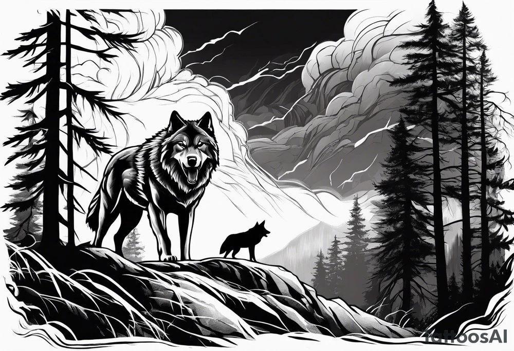 Powerful storm raging through forest with an alpha wolf snarling tattoo idea