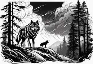 Powerful storm raging through forest with an alpha wolf snarling tattoo idea