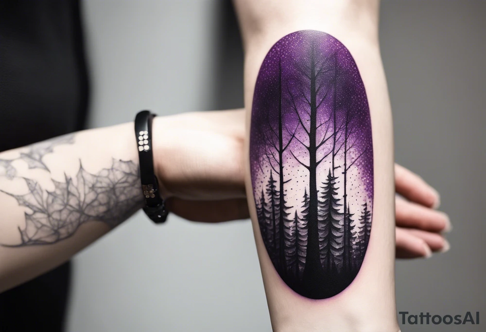 forest, purple and black, covered from wrist to forearm, fully covered, no borders, blackwork tattoo idea