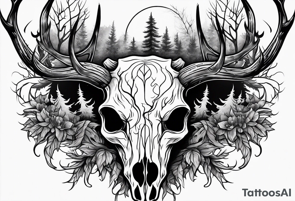 A scary decayed deer skull head human body with flames and trees tattoo idea