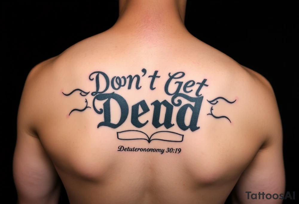 I want a cool design that includes the words “Don’t Get Dead” and includes the scripture reference Deuteronomy 30:19. Also I want something representing each of the 4 members of my family. I want it to go on my forearm tattoo idea