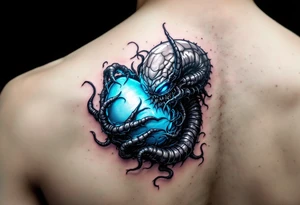 The facehugger curled around an egg, with slimy, translucent tendrils glowing faintly in bioluminescent blue, evoking the creature's parasitic nature. tattoo idea